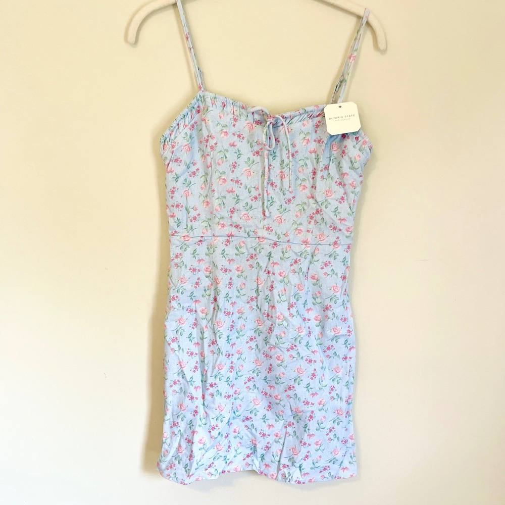 Altar'd State Miren Mini Dress Blue Multi Pink Floral Smocked Back NWT Small